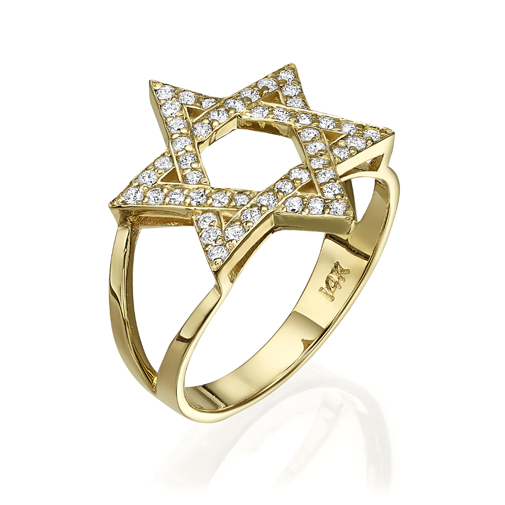 Shop-iGold Men's Handmade Star Of David Ring – 14k Gold Plated Steel, White & Red CZ – Sizes 5-12
