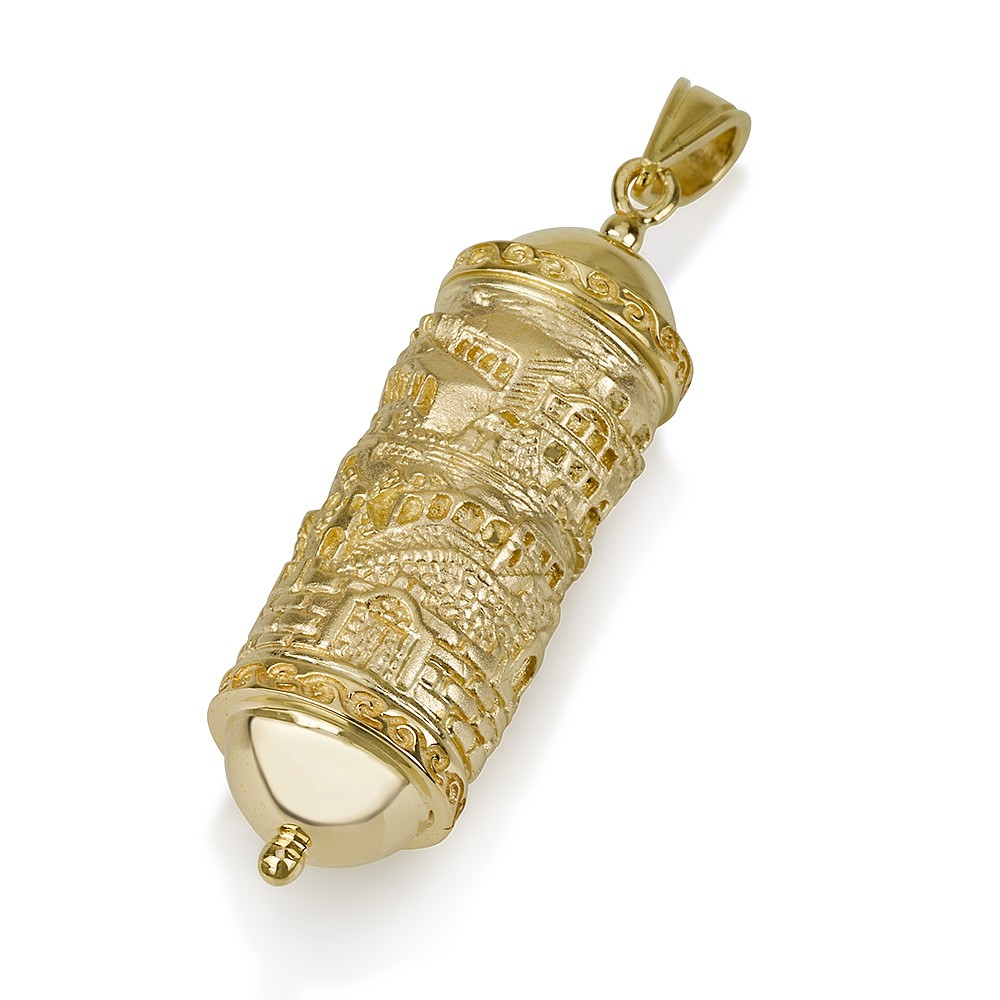 Mezuzah Pendant with Jerusalem Engraved - 14K Gold