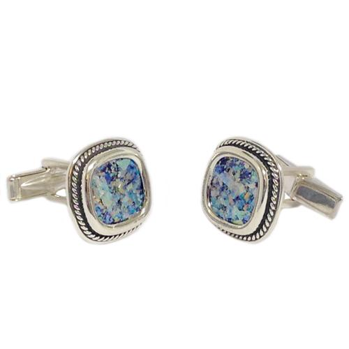Roman Glass Braided Silver Square Cufflinks