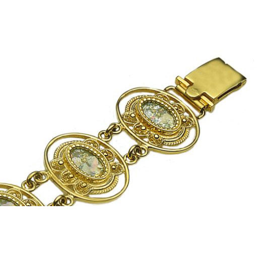 14k Gold Roman Glass Yemenite Bracelet