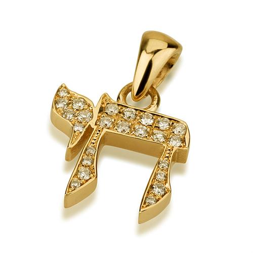 14K Gold Thick Diamond Chai Pendant