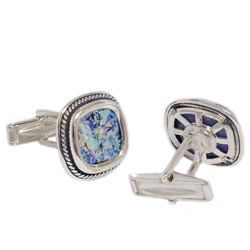 Roman Glass Braided Silver Square Cufflinks