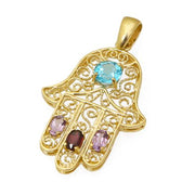 14k Gold and Semi-Precious Stones Hamsa Pendant