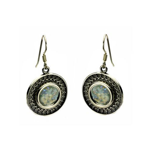 Sterling Silver Yemenite Circle Filigree Roman Glass Earrings