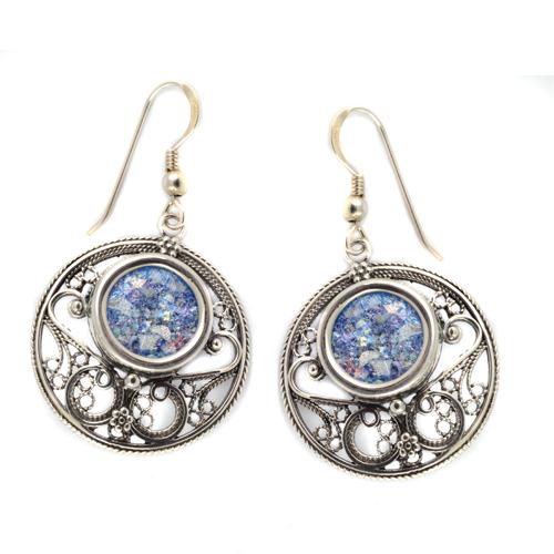 Silver Roman Glass Circle Filigree Earrings