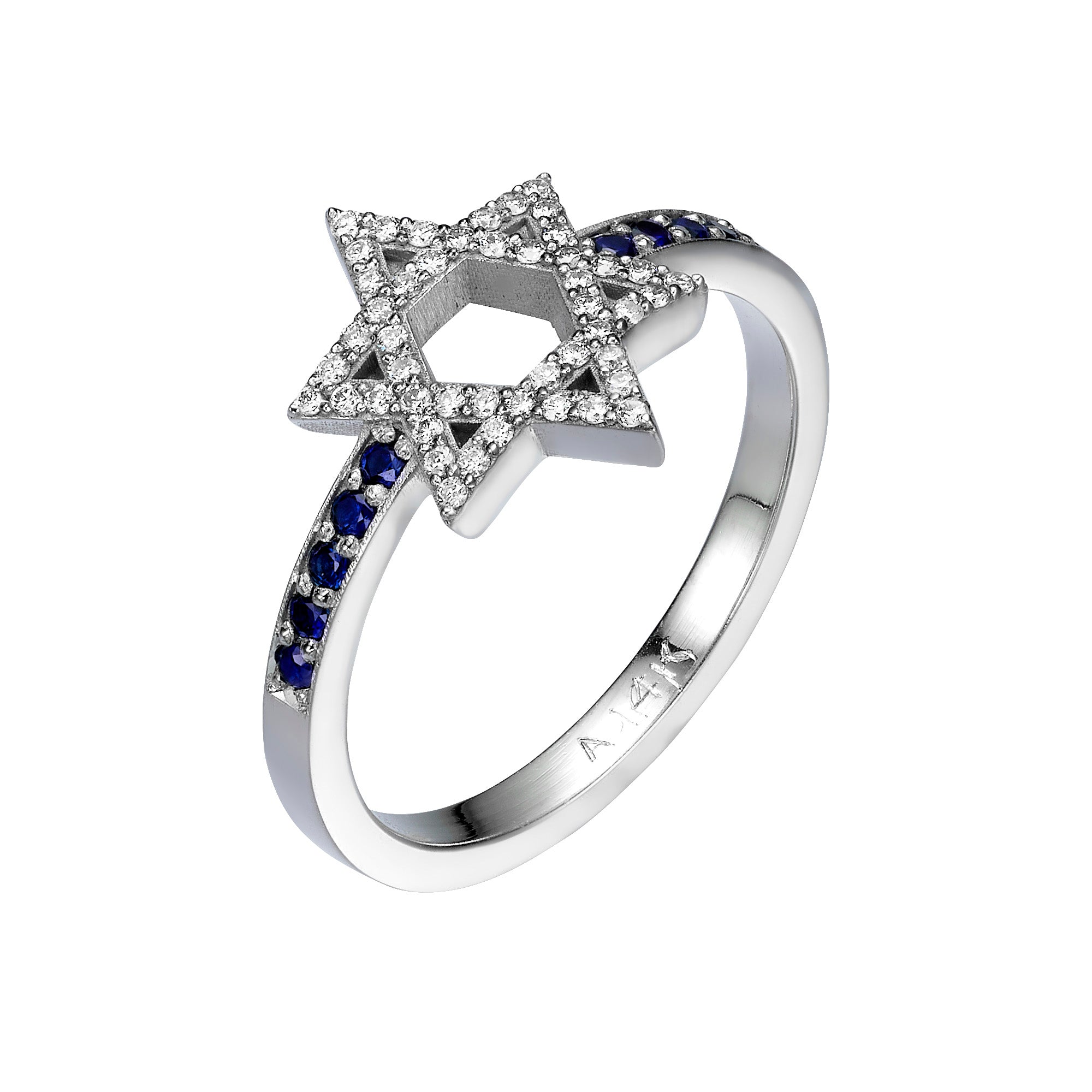 Star of David Ring with Diamonds and Sapphires in 14K White Gold