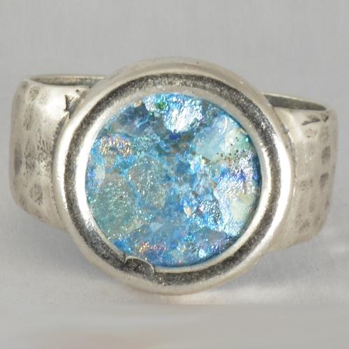 Silver Hammered & Smooth Roman Glass Ring