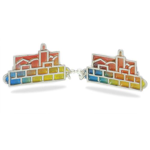 Enamel Multicolored Jerusalem Skyline Silver Tallit Clips
