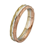 Tri-Color 14K Gold Hammered Stripes Wedding Ring