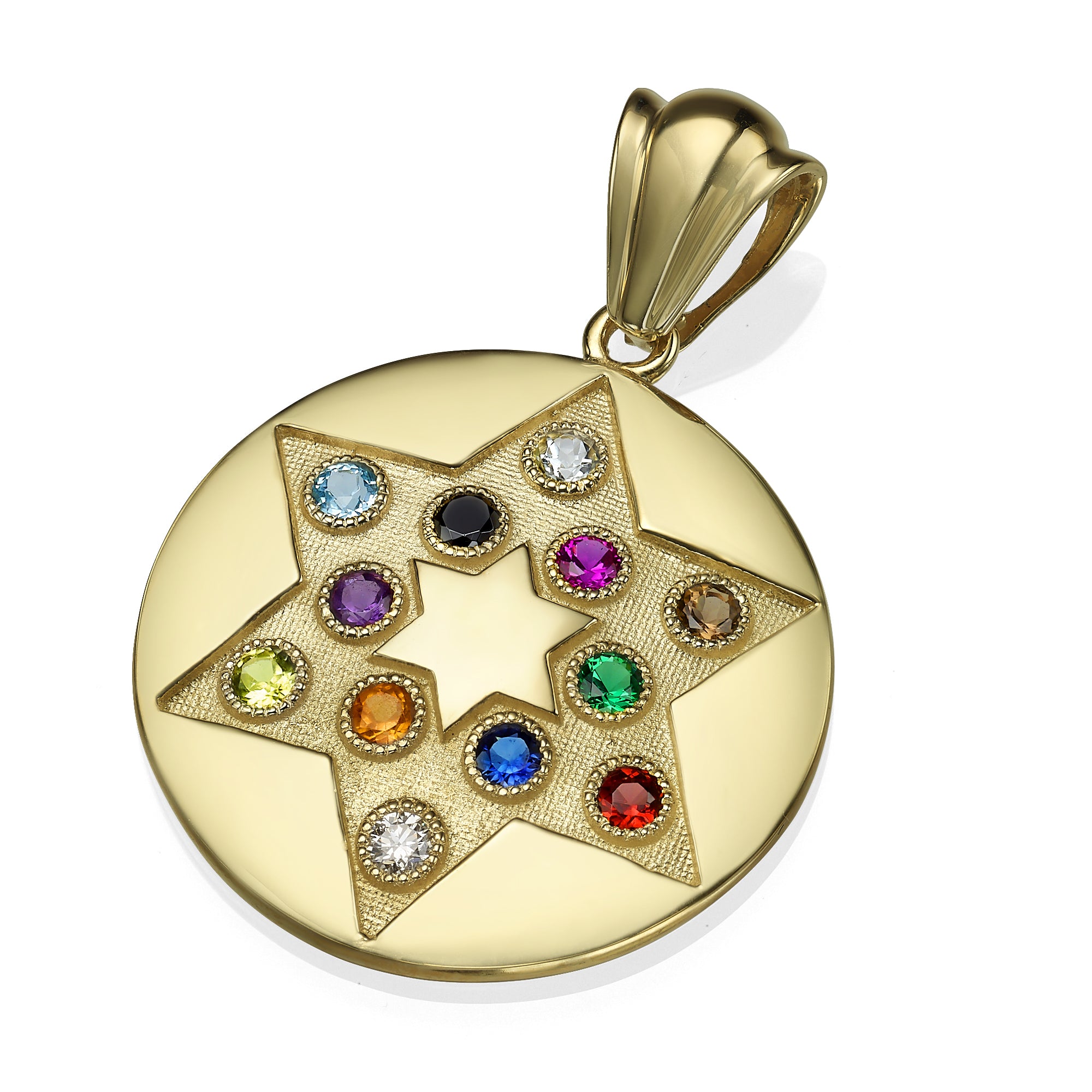 Pendant with Star of David - 14K Yellow Gold Circular Disc and Hoshen Gemstones