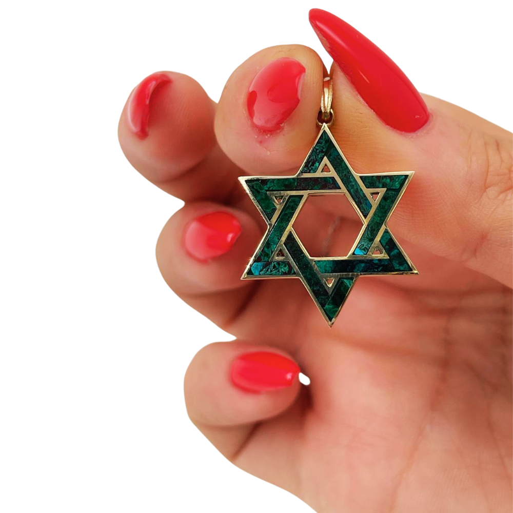 14K Gold Star of David Pendant with Israeli Eilat Stone - 24mm