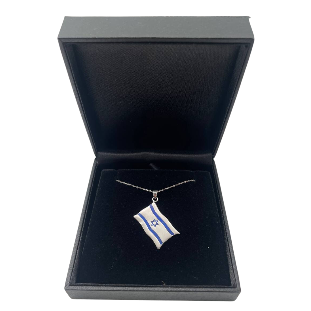 Israel Flag Pendant in 14K White Gold and Blue Enamel