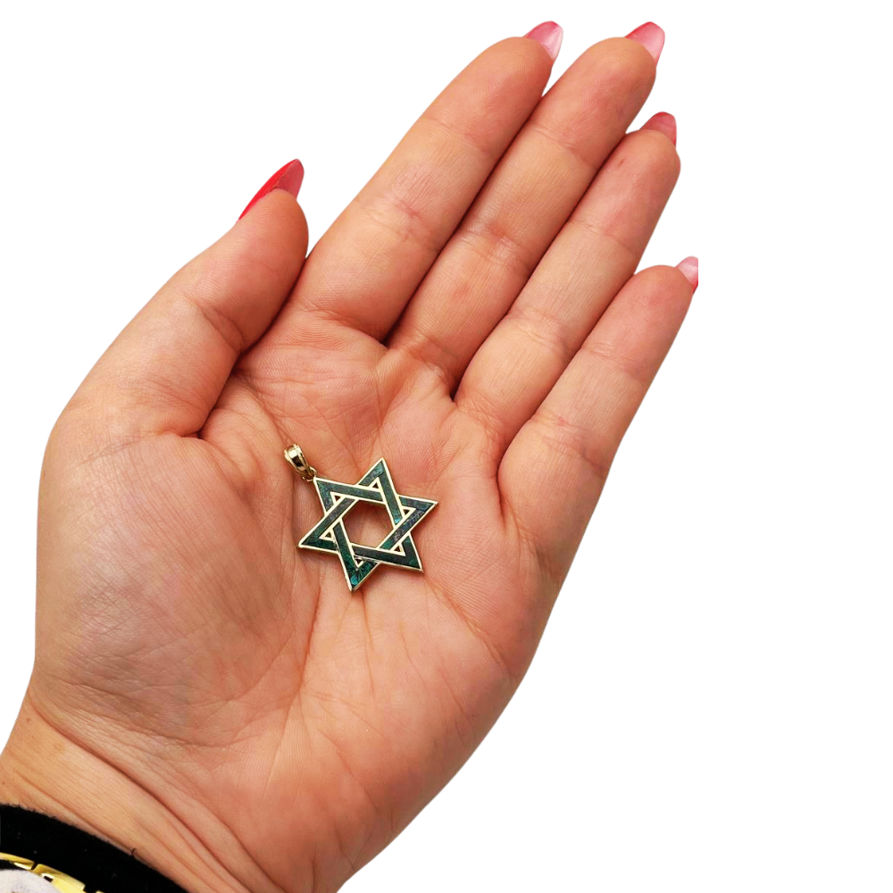 14K Gold Star of David Pendant with Israeli Eilat Stone - 24mm