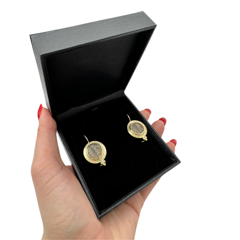 Ancient Pruta Coin (Roman Procurators Coin) Earrings in 14k Gold