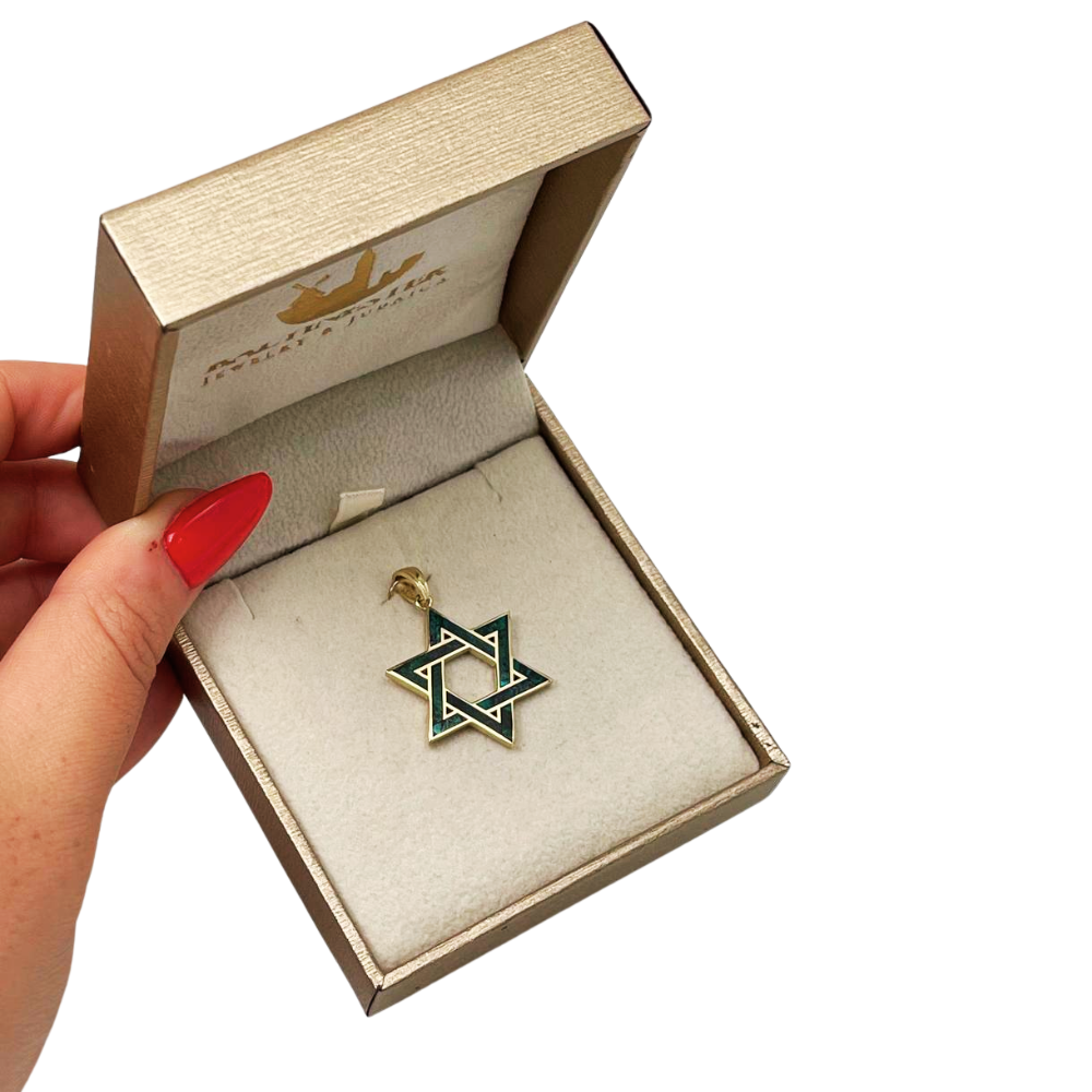 14K Gold Star of David Pendant with Israeli Eilat Stone - 24mm