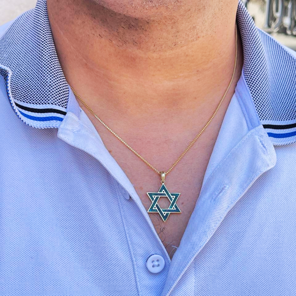 14K Gold Star of David Pendant with Israeli Eilat Stone - 24mm