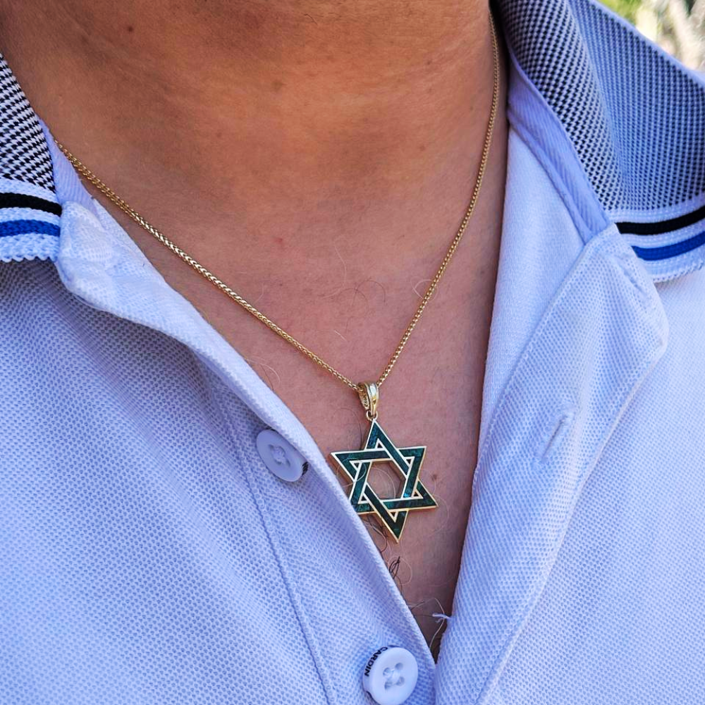 14K Gold Star of David Pendant with Israeli Eilat Stone - 24mm