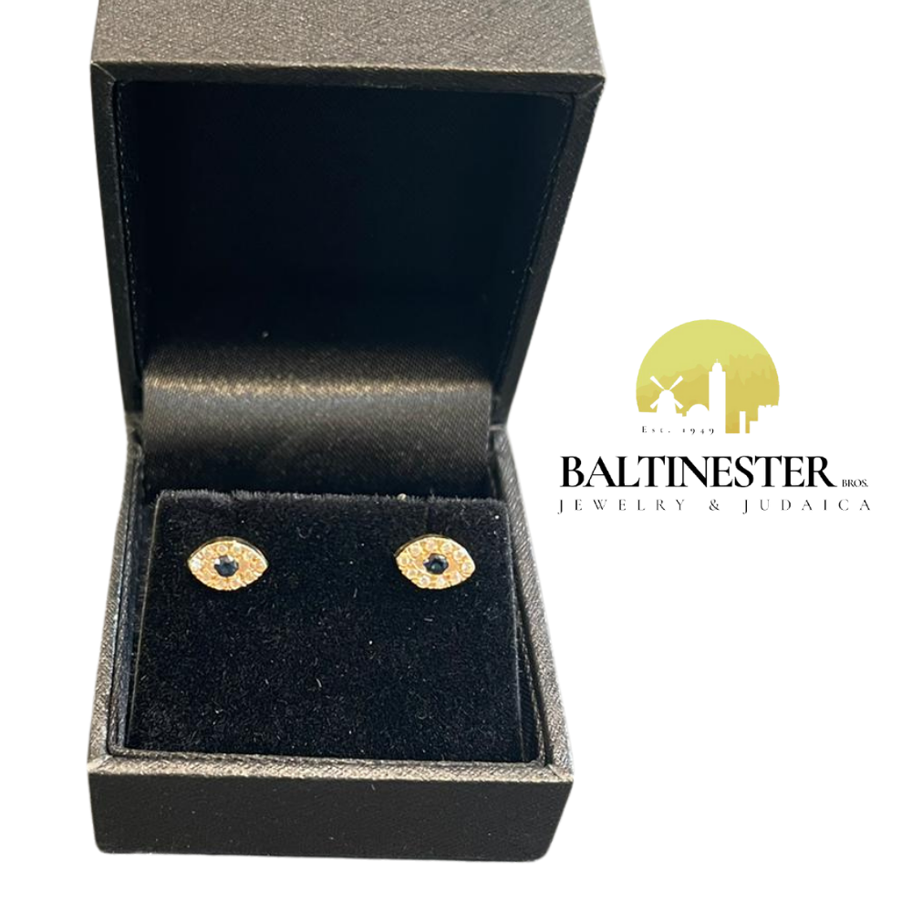 14K Yellow Gold Diamond and Sapphire Evil Eye Stud Earrings