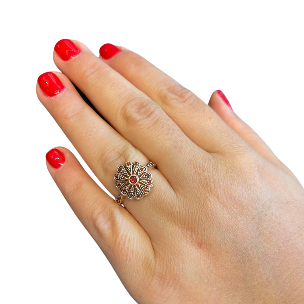 Gold Garnet Ring - 14K Rose Gold Antique Style Garnet Flower Ring