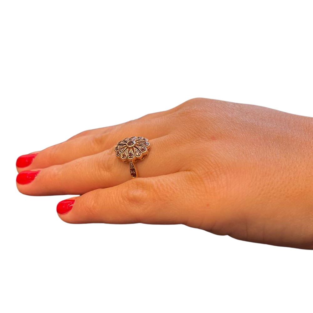Gold Garnet Ring - 14K Rose Gold Antique Style Garnet Flower Ring