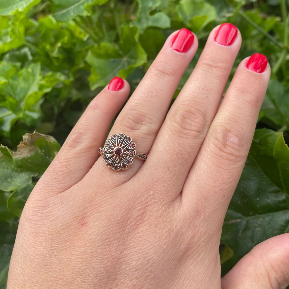 Gold Garnet Ring - 14K Rose Gold Antique Style Garnet Flower Ring