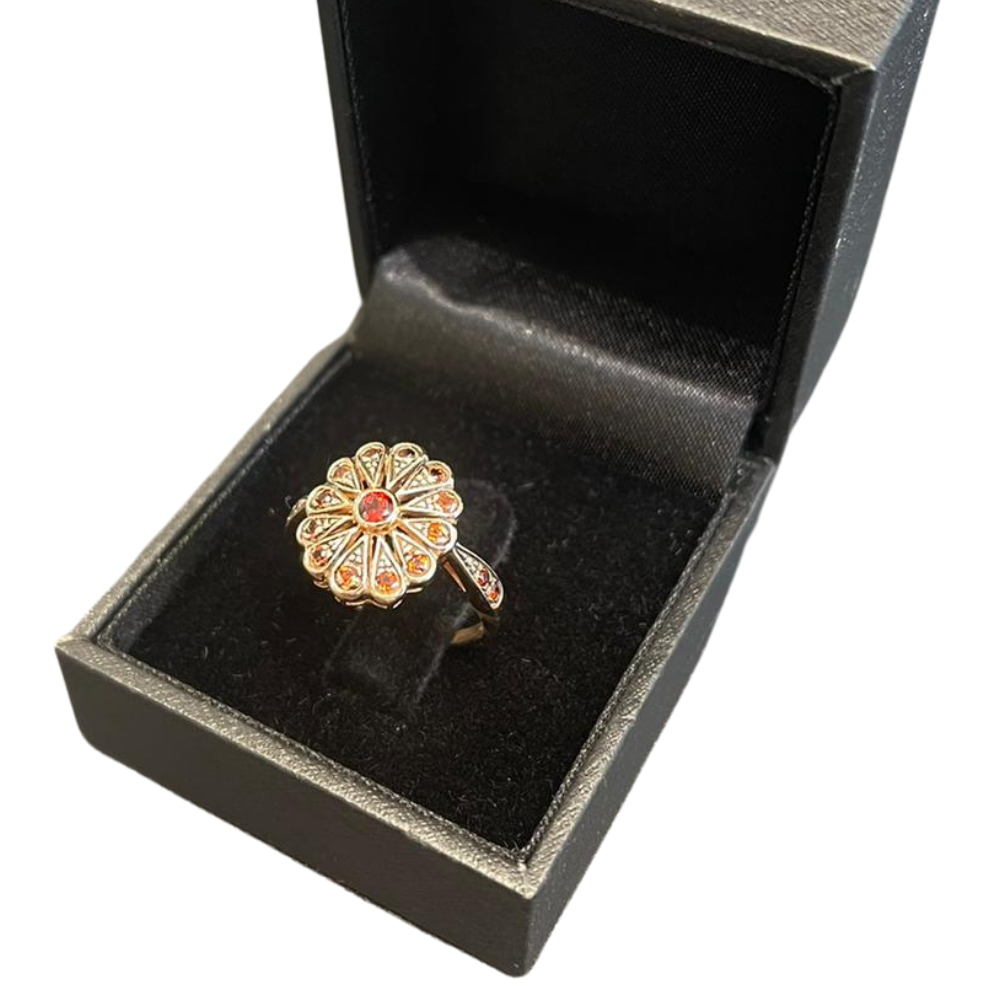 Gold Garnet Ring - 14K Rose Gold Antique Style Garnet Flower Ring