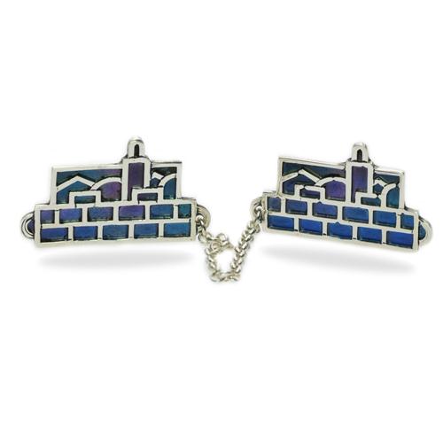 Dark Colored Enamel Jerusalem Skyline Silver Tallit Clips
