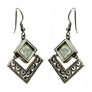 Sterling Silver Filigree Roman Glass Rhombus Earrings