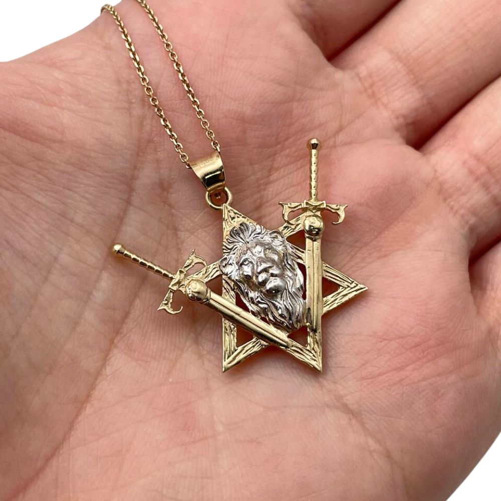Two Swords Pendant with Lion of Judah and Star of David in 14K Gold