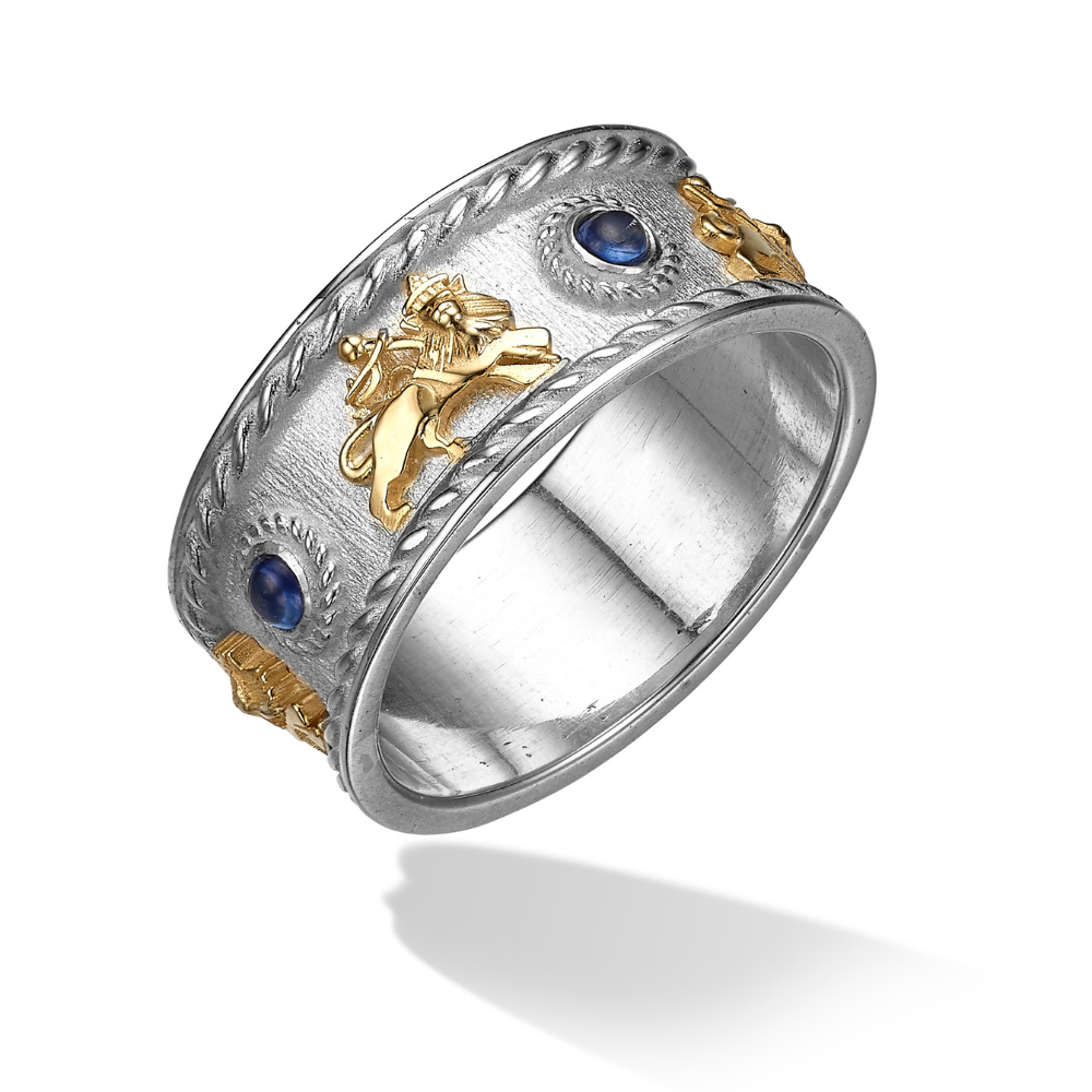 Lion of Zion Ring with Blue Sapphires in 14K Gold & Sterling Silver