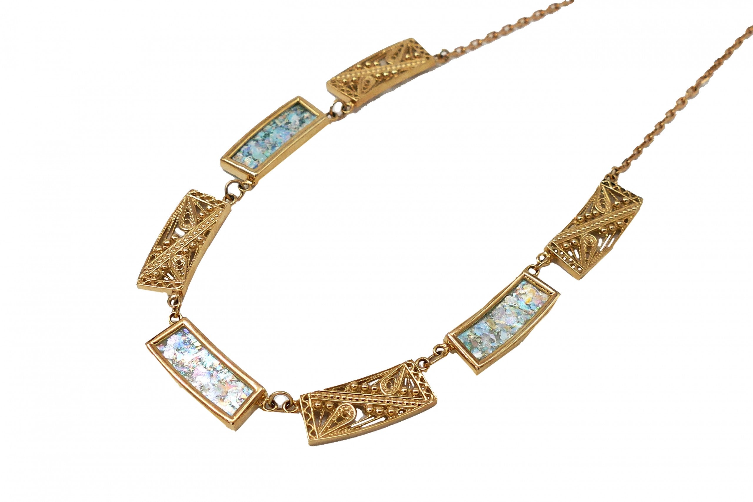 14k Gold Roman Glass Filigree Necklace