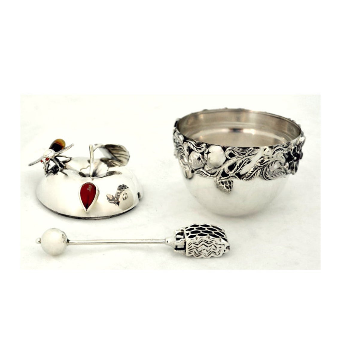 Sterling Silver Apple Honey Dish and Plate Set
