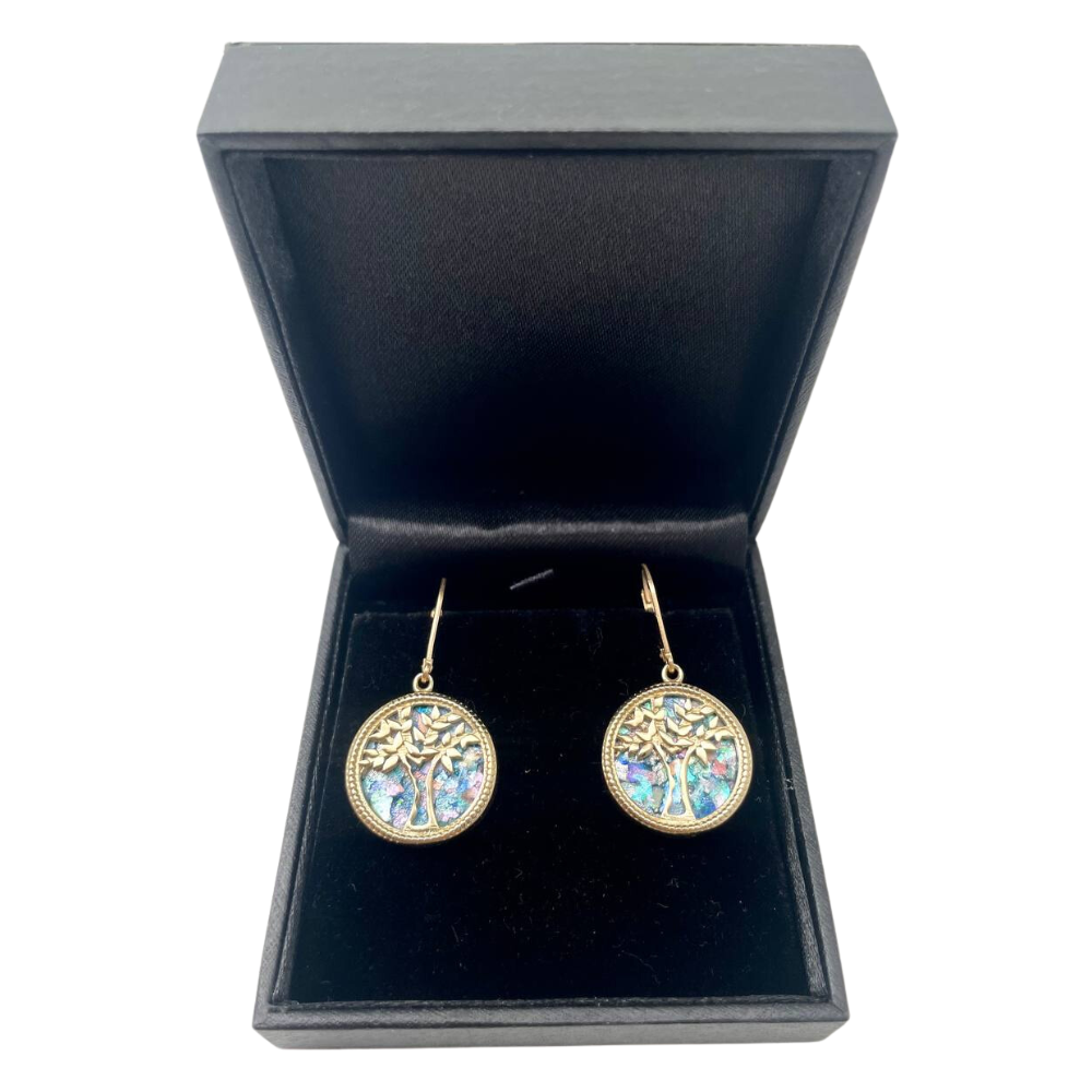 Tree of Life Earrings with Roman Glass in 14K Gold