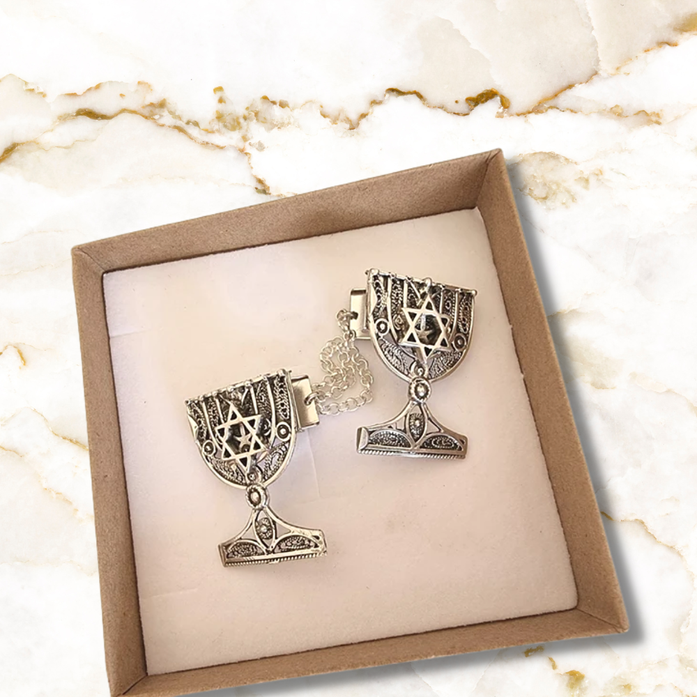 Menorah Star of David Silver Filigree Tallit Clips