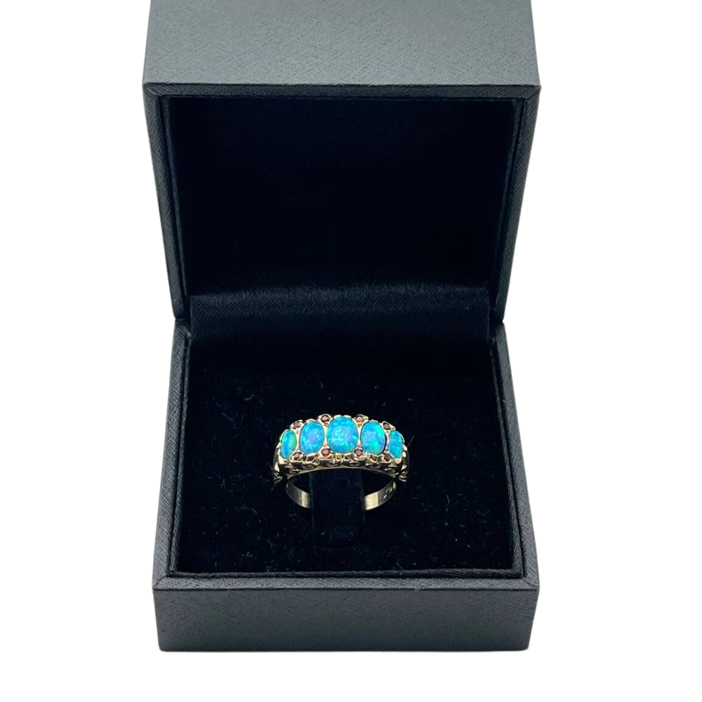 Blue Opal & Garnet Gemstones Filigree 14k Yellow Gold Ring