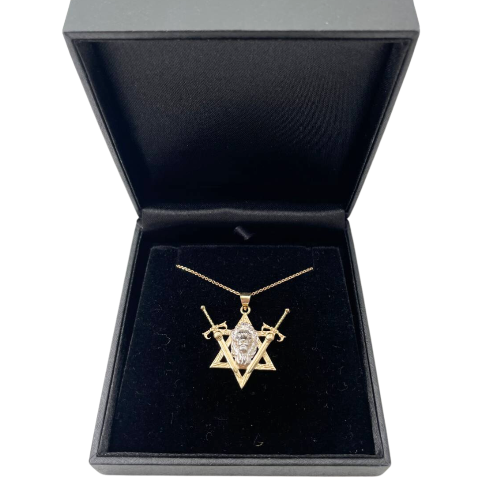 Two Swords Pendant with Lion of Judah and Star of David in 14K Gold