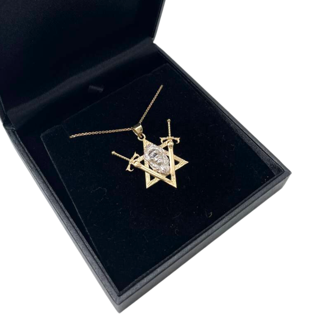 Two Swords Pendant with Lion of Judah and Star of David in 14K Gold
