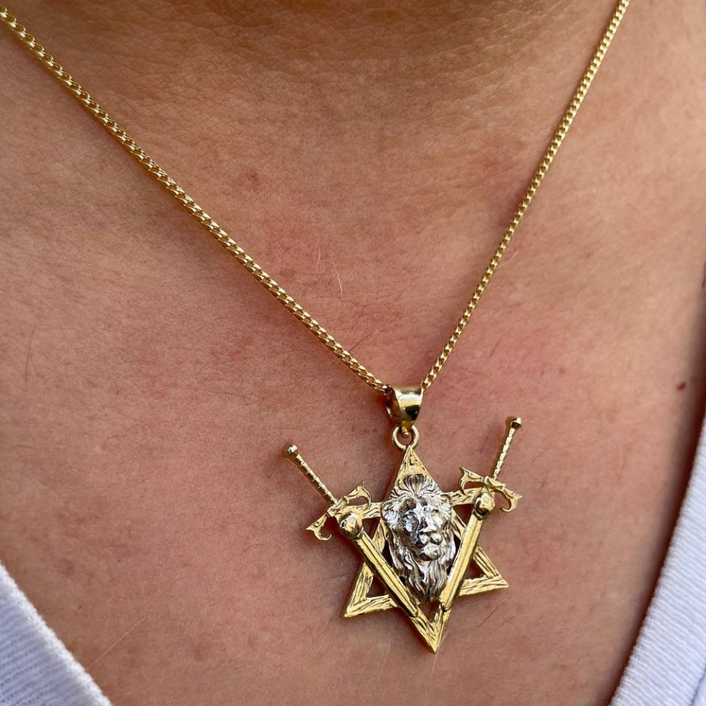 Two Swords Pendant with Lion of Judah and Star of David in 14K Gold