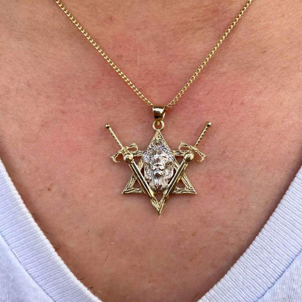 Two Swords Pendant with Lion of Judah and Star of David in 14K Gold