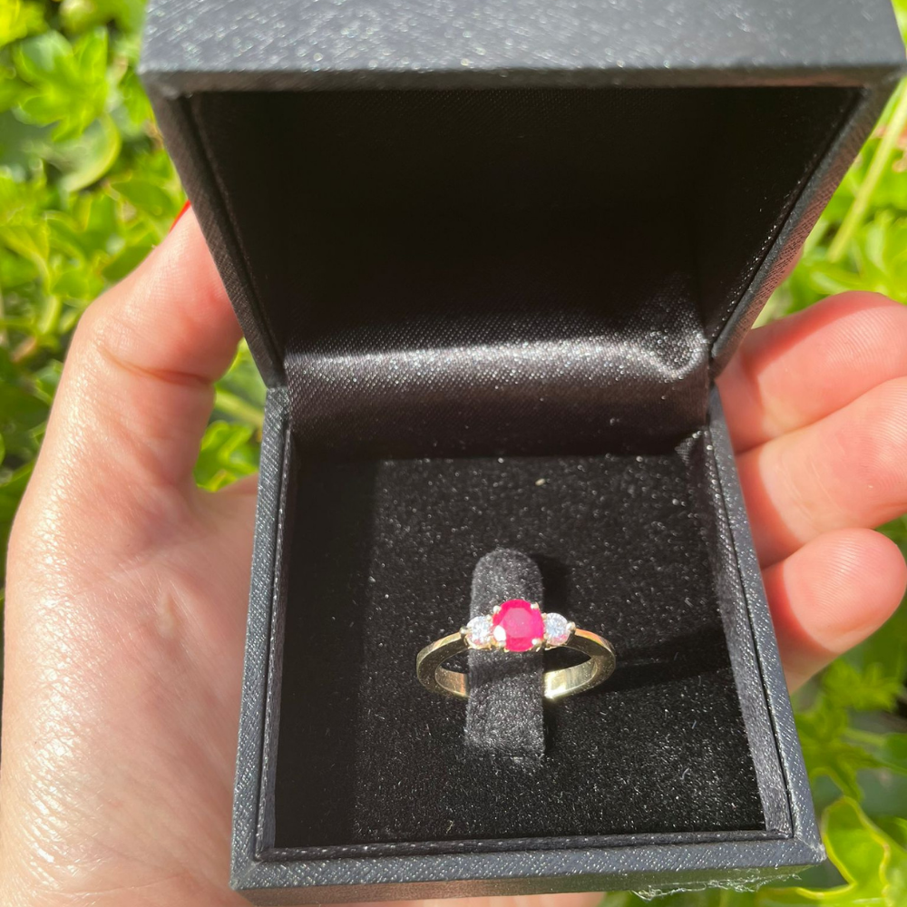 Ruby & Diamond 3 Stone Ring in 14K Yellow Gold