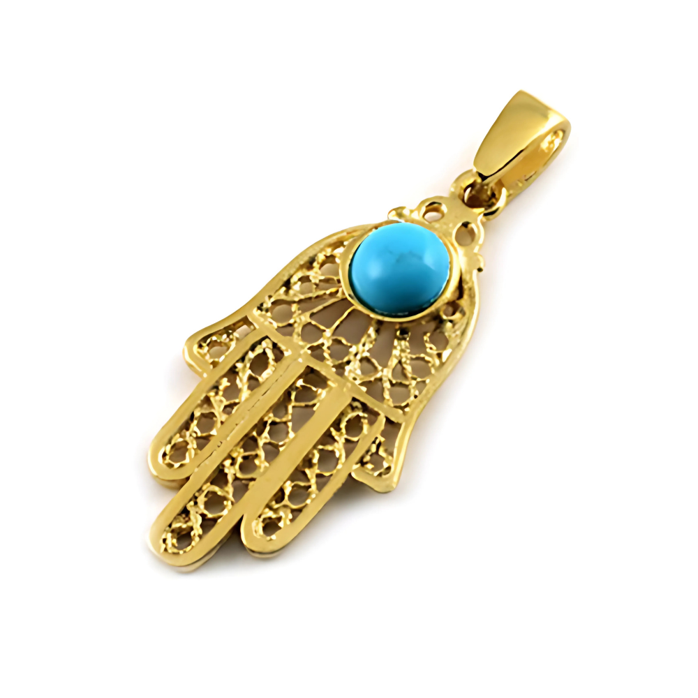 14k Gold Turquoise Filigree Large Hamsa Pendant