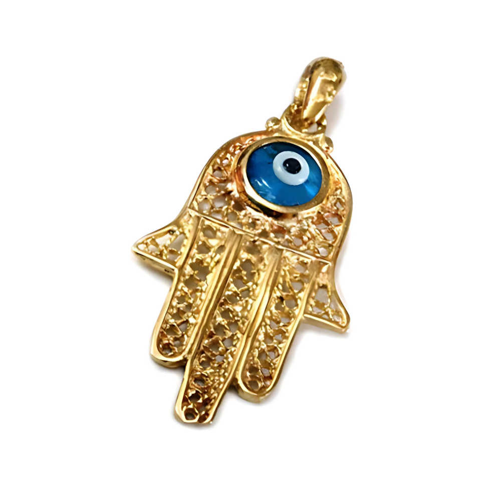Hamsa Pendant Crystal Evil Eye in 14k Gold Filigree