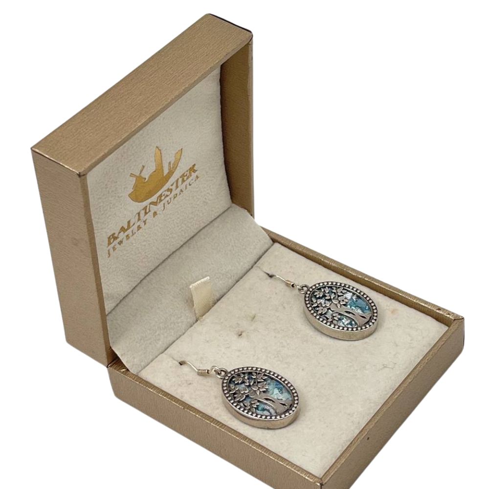 Oval Tree of Life Earrings with Roman Glass in Sterling Silver