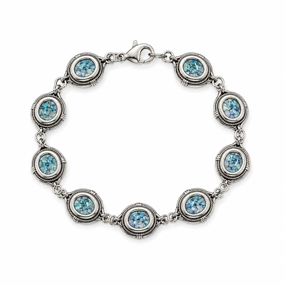 Sterling Silver Roman Glass Link Bracelet Round Station