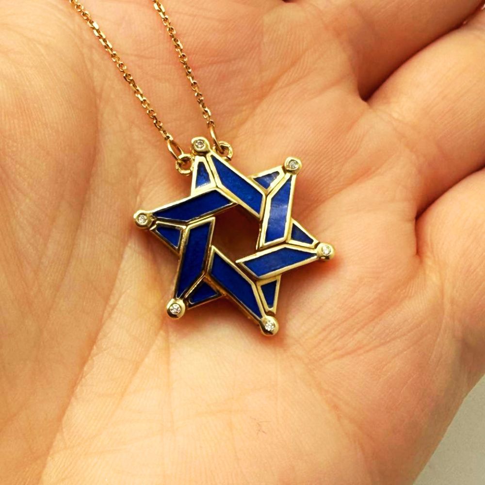 14K Gold Expandable Star of David Butterfly Necklace with Blue Enamel & Diamond
