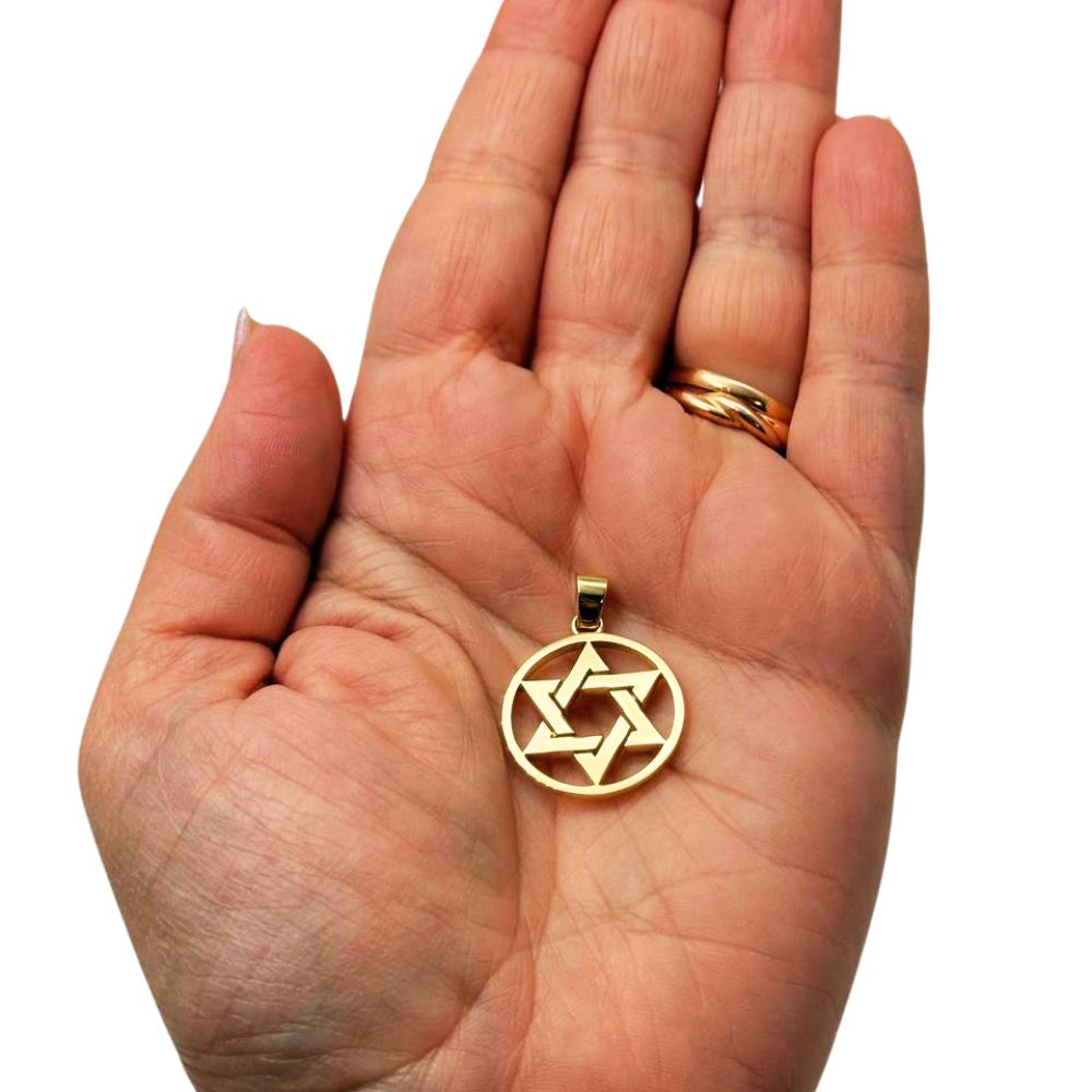 14K Solid Gold Round Star of David Pendant