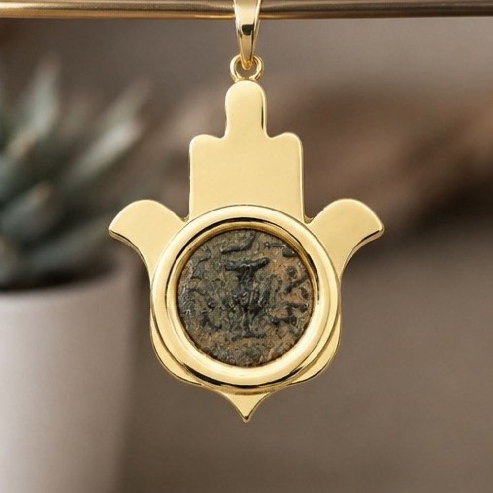 14k Gold Hamsa Pendant with Masada Coin