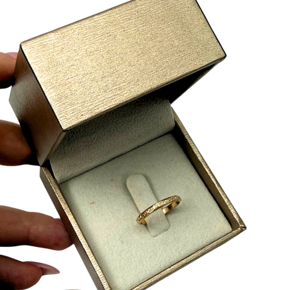 14K Solid Gold Floral Engraved Ring Vintage-Inspired Stackable