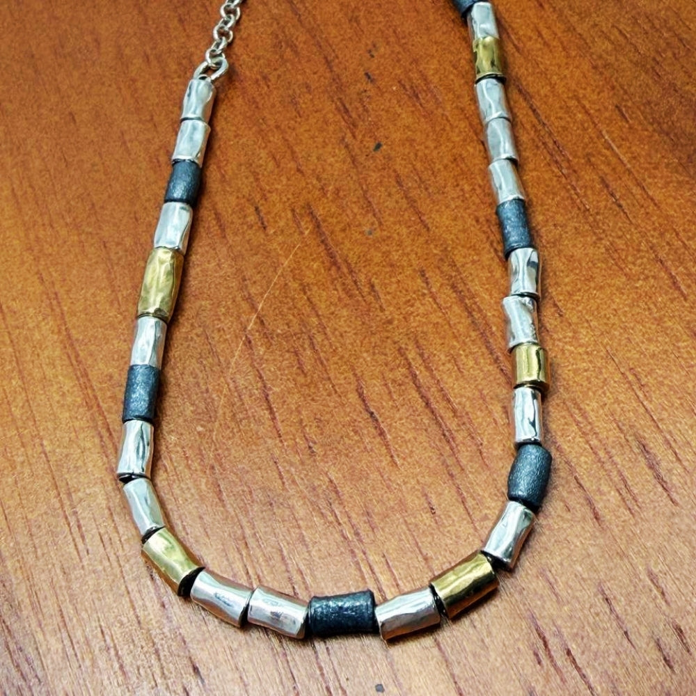 Handcrafted Mixed-Metal Israeli Beaded Bracelet – Sterling Silver, Oxidized Silver & Gold Plated Accent