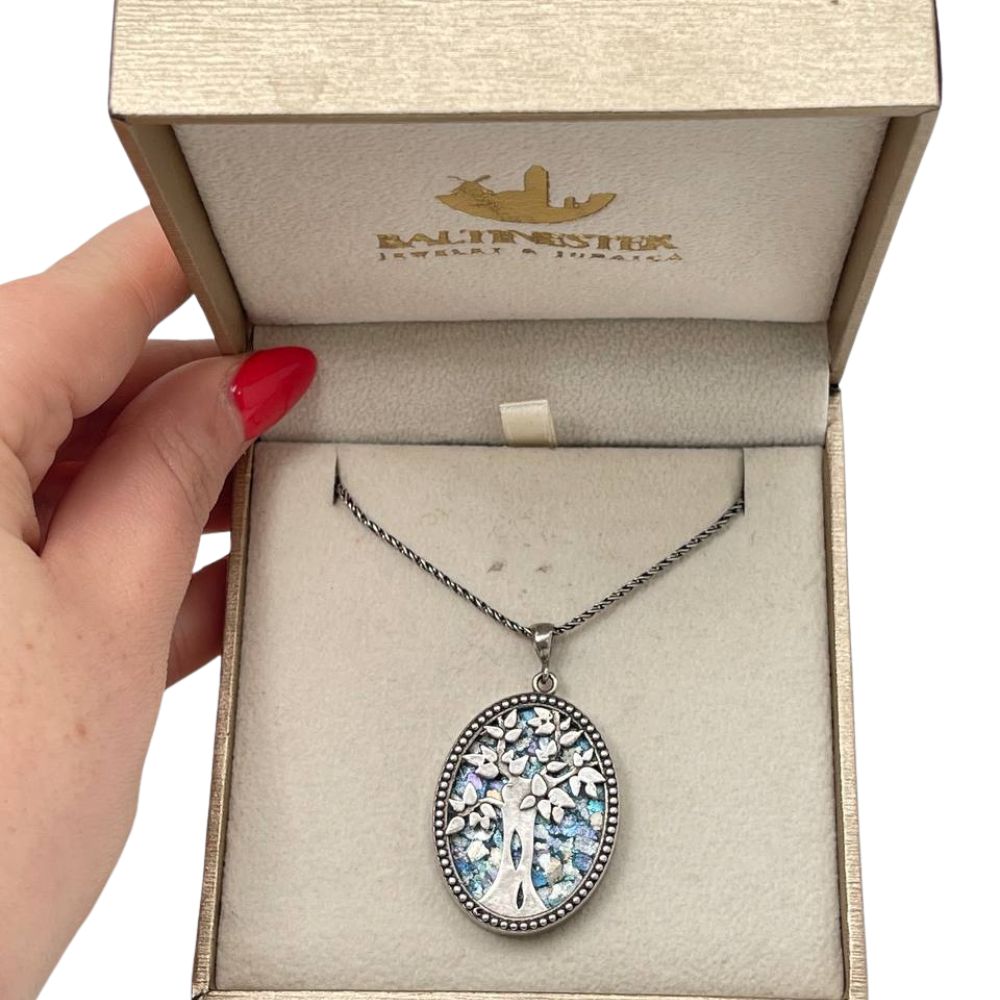Tree of Life Necklace with Roman Glass in Sterling Silver Oval